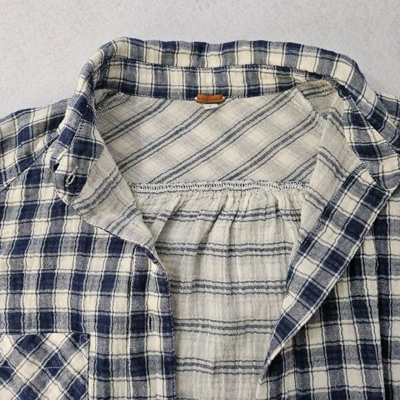 EDEN MUNA Sz L Navy Blue & Cream Plaid Gauze Boutique Button Up Lined - Picture 4 of 6